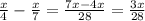 \frac{x}{4}-\frac{x}{7}=\frac{7x-4x}{28}=\frac{3x}{28}