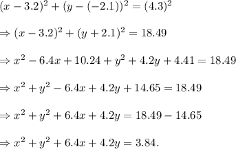(x-3.2)^2+(y-(-2.1))^2=(4.3)^2\\\\\Rightarrow (x-3.2)^2+(y+2.1)^2=18.49\\\\\Rightarrow x^2-6.4x+10.24+y^2+4.2y+4.41=18.49\\\\\Rightarrow x^2+y^2-6.4x+4.2y+14.65=18.49\\\\\Rightarrow x^2+y^2+6.4x+4.2y=18.49-14.65\\\\\Rightarrow x^2+y^2+6.4x+4.2y=3.84.