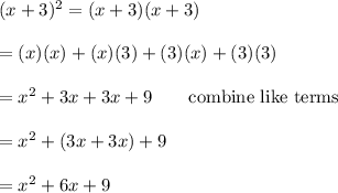 (x+3)^2=(x+3)(x+3)\\\\=(x)(x)+(x)(3)+(3)(x)+(3)(3)\\\\=x^2+3x+3x+9\qquad\text{combine like terms}\\\\=x^2+(3x+3x)+9\\\\=x^2+6x+9