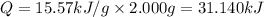 Q= 15.57 kJ/g\times 2.000 g=31.140 kJ