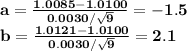 \bf a=\frac{1.0085-1.0100}{0.0030/\sqrt{9}}=-1.5\\b=\frac{1.0121-1.0100}{0.0030/\sqrt{9}}=2.1