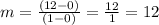 m=\frac{(12-0)}{(1-0)} =\frac{12}{1} =12