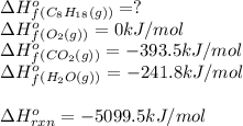 \Delta H^o_f_{(C_8H_{18}(g))}=?\\\Delta H^o_f_{(O_2(g))}=0kJ/mol\\\Delta H^o_f_{(CO_2(g))}=-393.5kJ/mol\\\Delta H^o_f_{(H_2O(g))}=-241.8kJ/mol\\\\\Delta H^o_{rxn}=-5099.5kJ/mol
