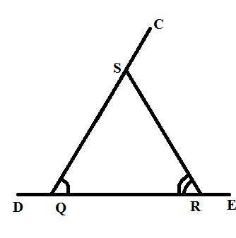 Triangle q r s is shown with exterior angles. line r q extends through point d. line q r extends thr