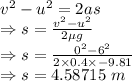 v^2-u^2=2as\\\Rightarrow s=\frac{v^2-u^2}{2\mu g}\\\Rightarrow s=\frac{0^2-6^2}{2\times 0.4\times -9.81}\\\Rightarrow s=4.58715\ m