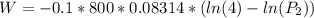 W=-0.1*800*0.08314*(ln(4)-ln(P_2))