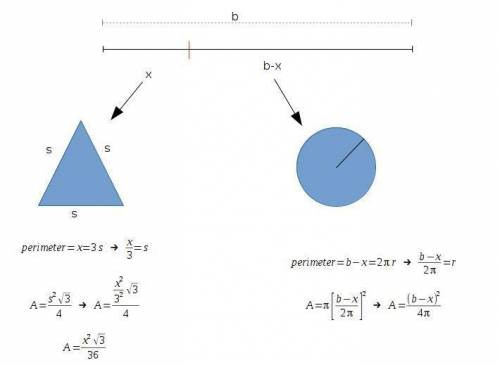 Awire b units long is cut into two pieces. one piece is bent into an equilateral triangle and the ot