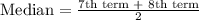 \text{Median}=\frac{\text{7th term + 8th term}}{2}