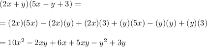 (2x+y)(5x-y+3)=\\\\=(2x)(5x)-(2x)(y)+(2x)(3)+(y)(5x)-(y)(y)+(y)(3)\\\\=10x^2-2xy+6x+5xy-y^2+3y