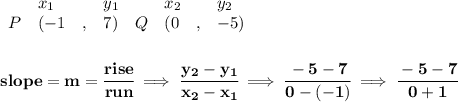 \bf \begin{array}{lllll}&#10;&x_1&y_1&x_2&y_2\\&#10;%   (a,b)&#10;P&({{ -1}}\quad ,&{{ 7}})\quad &#10;%   (c,d)&#10;Q&({{ 0}}\quad ,&{{ -5}})&#10;\end{array}&#10;\\\\\\&#10;% slope  = m&#10;slope = {{ m}}= \cfrac{rise}{run} \implies &#10;\cfrac{{{ y_2}}-{{ y_1}}}{{{ x_2}}-{{ x_1}}}\implies \cfrac{-5-7}{0-(-1)}\implies \cfrac{-5-7}{0+1}