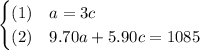 \begin{cases}(1) & a = 3c\\(2) & 9.70a + 5.90c = 1085\end{cases}