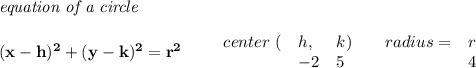 \bf \textit{equation of a circle}\\\\ &#10;(x-{{ h}})^2+(y-{{ k}})^2={{ r}}^2&#10;\qquad &#10;\begin{array}{lllll}&#10;center\ (&{{ h}},&{{ k}})\qquad &#10;radius=&{{ r}}\\&#10;&-2&5&4&#10;\end{array}