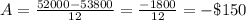 A=\frac{52000-53800}{12}=\frac{-1800}{12}=-\$150