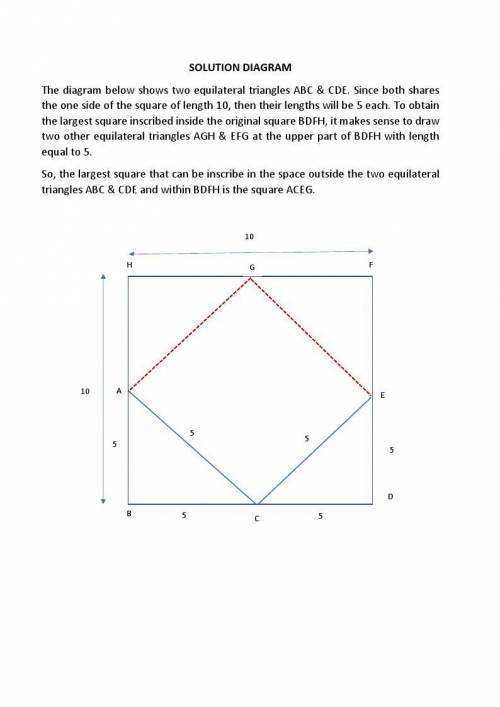 Inside a square with side length 10, two congruent equilateral triangles are drawn such that they sh