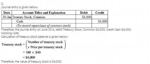 Prior to june 30, a company has never had any treasury stock transactions. a company repurchased 100
