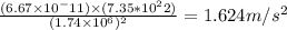 \frac{(6.67 \times 10^-11)\times(7.35 * 10^22)} {(1.74\times10^6)^2}=1.624m/s^2