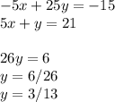 -5x+25y=-15\\5x+y=21\\\\26y=6\\y=6/26\\y=3/13