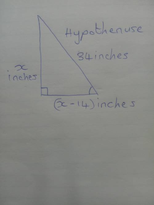 The hypoténuse of a right triangleis 34 in. one leg of the triangle is 14 inches less than the other