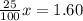 \frac{25}{100}x=1.60