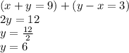 (x+y=9)+(y-x=3)\\2y=12\\y=\frac{12}{2}\\y= 6\\