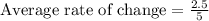 \text{Average rate of change}=\frac{2.5}{5}