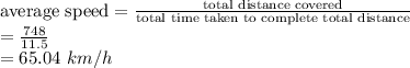 \textrm{average speed} = \frac{\textrm{total distance covered}}{\textrm{total time taken to complete total distance}} \\= \frac{748}{11.5} \\= 65.04\ km/h