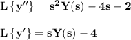 \large\bf L\left\{y''\right\}=s^2Y(s)-4s-2\\\\L\left\{y'\right\}=sY(s)-4