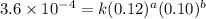 3.6\times 10^{-4}=k(0.12)^a(0.10)^b