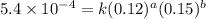 5.4\times 10^{-4}=k(0.12)^a(0.15)^b