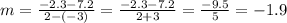 m = \frac {-2.3-7.2} {2 - (- 3)} = \frac {-2.3-7.2} {2 + 3} = \frac {-9.5} {5} = - 1.9