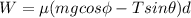 W = \mu (mg cos\phi - T sin\theta)d