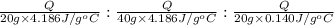 \frac{Q}{20 g\times 4.186 J/g^oC}:\frac{Q}{40 g\times 4.186 J/g^oC}:\frac{Q}{20 g\times 0.140J/g^oC}