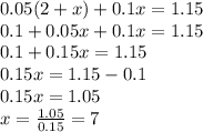 0.05(2+x)+0.1x=1.15\\0.1+0.05x+0.1x=1.15\\0.1+0.15x= 1.15\\0.15x= 1.15-0.1\\0.15x=1.05\\x=\frac{1.05}{0.15}= 7