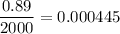 \dfrac{0.89}{2000}=0.000445