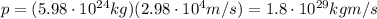 p=(5.98\cdot 10^{24} kg)(2.98\cdot 10^4 m/s)=1.8\cdot 10^{29} kg m/s