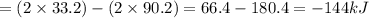 = (2\times33.2)- (2\times90.2)=66.4 - 180.4= -144 kJ