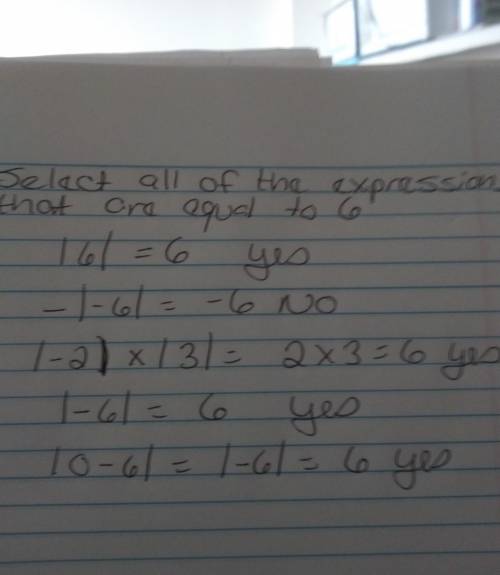 Select all of the expressions that are equal to 6. |6| -|-6| -|6| |-2| x |3| |-6| |0-6|