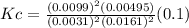 Kc=\frac{(0.0099)^2(0.00495)}{(0.0031)^2(0.0161)^2}  (0.1)