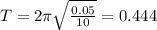 T=2\pi\sqrt{\frac{0.05}{10} }=0.444