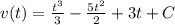 v(t)=\frac{t^3}{3}-\frac{5t^2}{2}+3t+C
