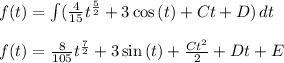 f(t)=\int\limits ({\frac{4}{15}t^{\frac{5}{2}}+3\cos \left(t\right)+Ct+D} )\, dt \\\\f(t) =\frac{8}{105}t^{\frac{7}{2}}+3\sin \left(t\right)+\frac{Ct^2}{2}+Dt+E