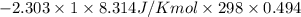 -2.303 \times 1 \times 8.314 J/K mol \times 298 \times 0.494