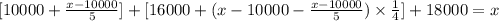 [10000 + \frac{x - 10000}{5}] + [16000 + (x - 10000 - \frac{x - 10000}{5}) \times \frac{1}{4}] + 18000 = x