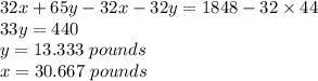 32x+65y-32x-32y=1848-32\times44\\33y=440\\y=13.333\text{ }pounds \\x=30.667\text{ }pounds