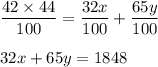 \dfrac{42\times 44}{100}=\dfrac{32x}{100}+\dfrac{65y}{100}\\\\ 32x+65y=1848