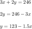 3x+2y=246\\ \\2y=246-3x\\ \\y=123-1.5x