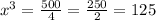 x^{3} = \frac{500}{4}= \frac{250}{2}=125