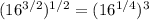 (16^{3/2})^{1/2}= (16^{1/4})^3