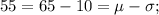 55=65-10=\mu-\sigma;