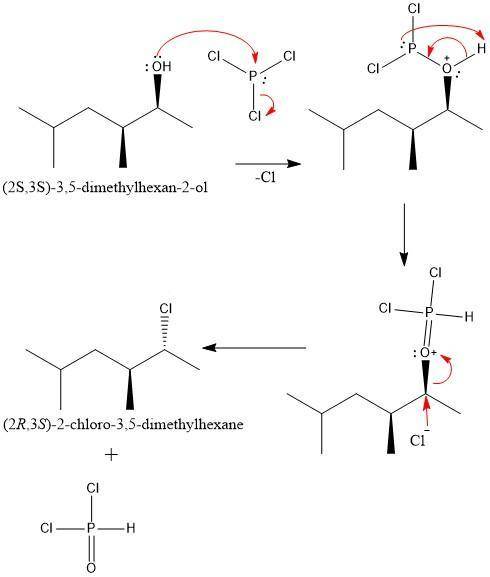 Draw the curved arrow mechanism for the reaction between (2s,3s)-3,5-dimethylhexan-2-ol and pcl3. no